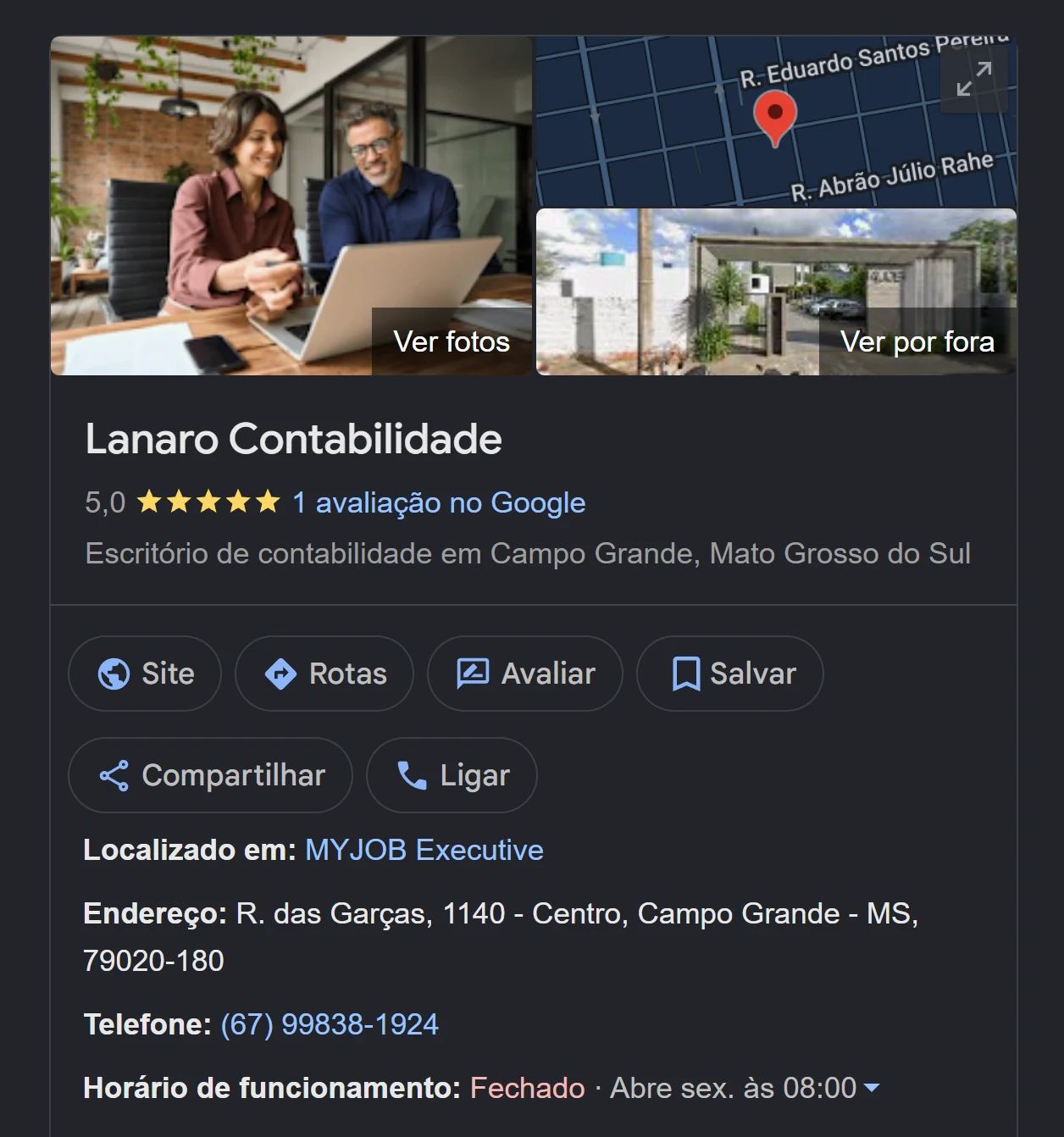 Painel da Lanaro Contabilidade no Google